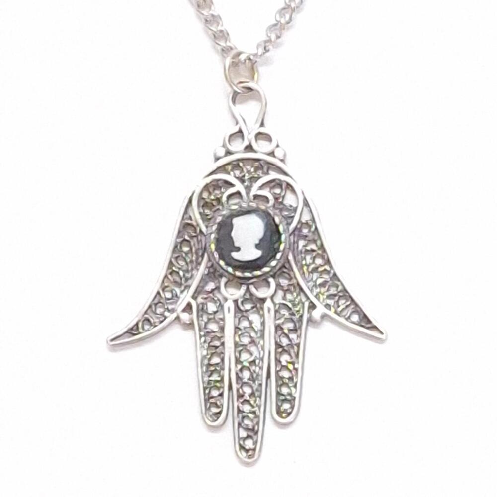 925 Silver Hand Of Fatima Cameo, 2" Pendant 24" (Chain is not 925 silver)
